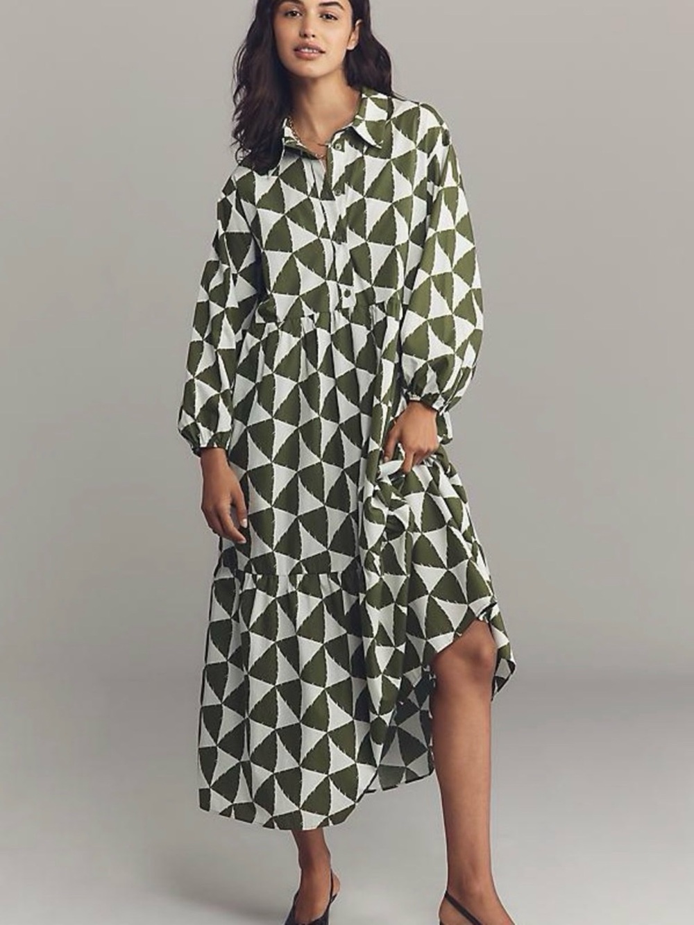 ANTHROPOLOGIE Bettina Tiered Midi Green and White Long Sleeve Shirt Dress